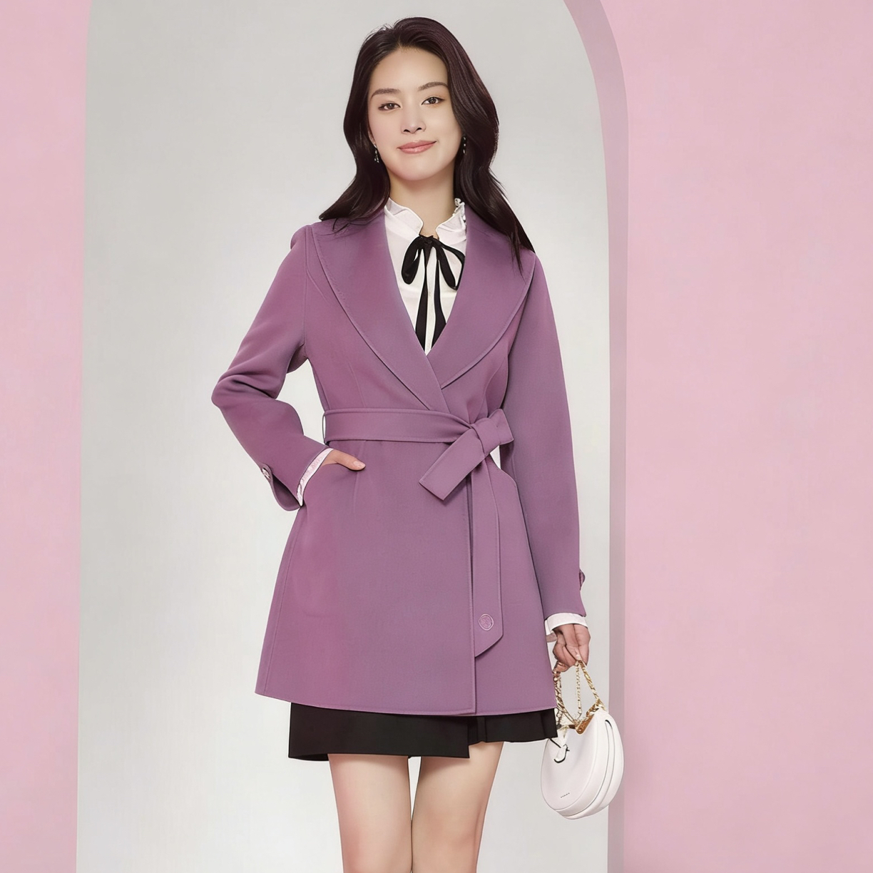 冬季瑰丽双面呢系带收腰中长款绵毛呢大衣外套女