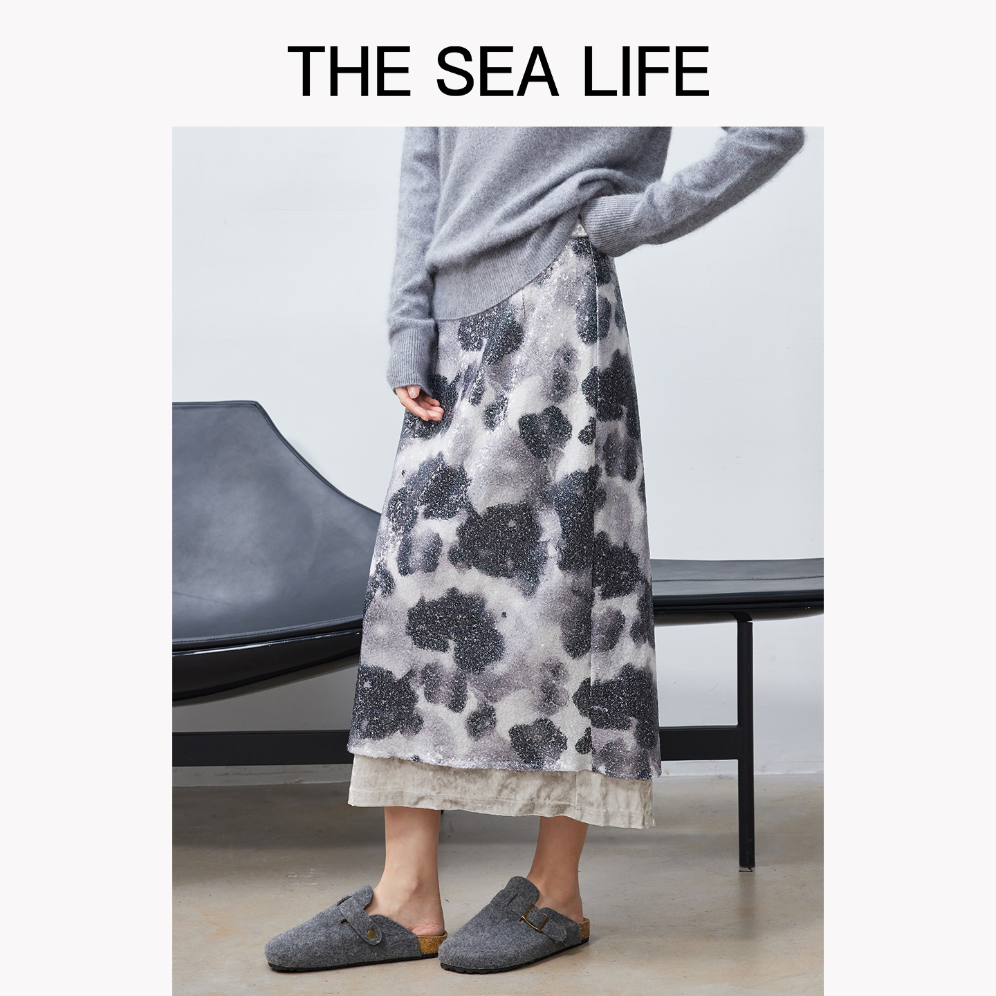 欧海一生 25秋冬新款珠片叠绣高腰拼接裙摆半身裙thesealife18503