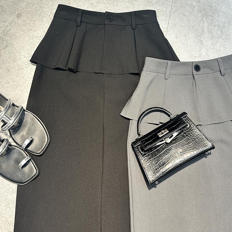 网红爆款时尚秋季2025新韩系显瘦开叉假两件半身裙百搭纯色裙子