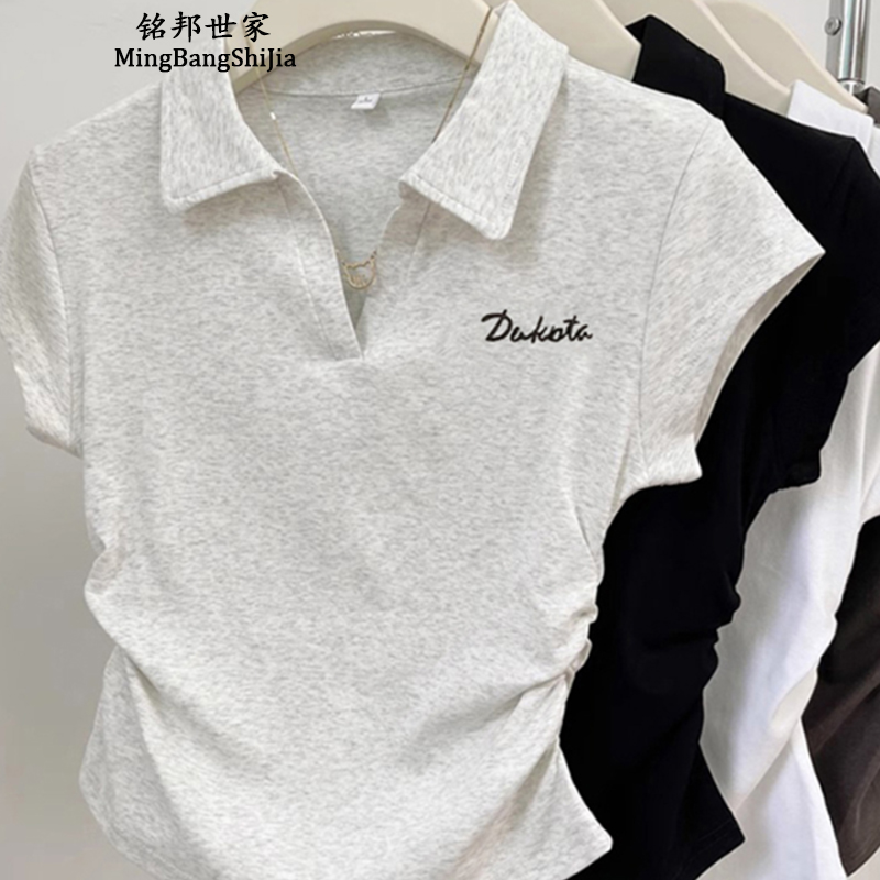 【铭邦世家】正肩短袖t恤女夏小众美式短款polo领上衣女款商品图