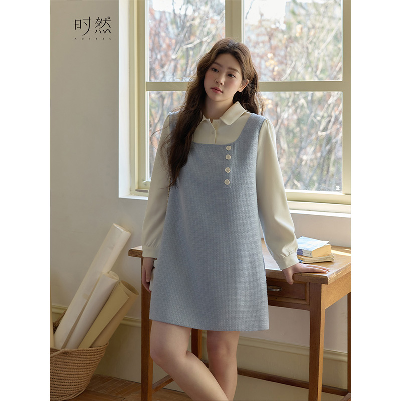 时然大码女装法式假两件连衣裙春款百搭温柔长裙洋气衣服女