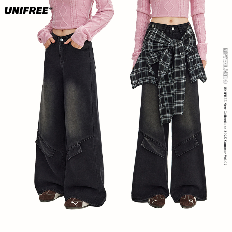 UNIFREE爵士舞休闲牛仔裤女早秋新款假两件水耐磨甜酷辣妹裤子