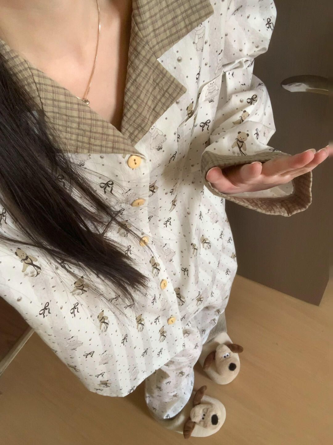 韩版ins风少女甜美可爱卡通小熊睡衣女春秋新款家居服套装可外穿