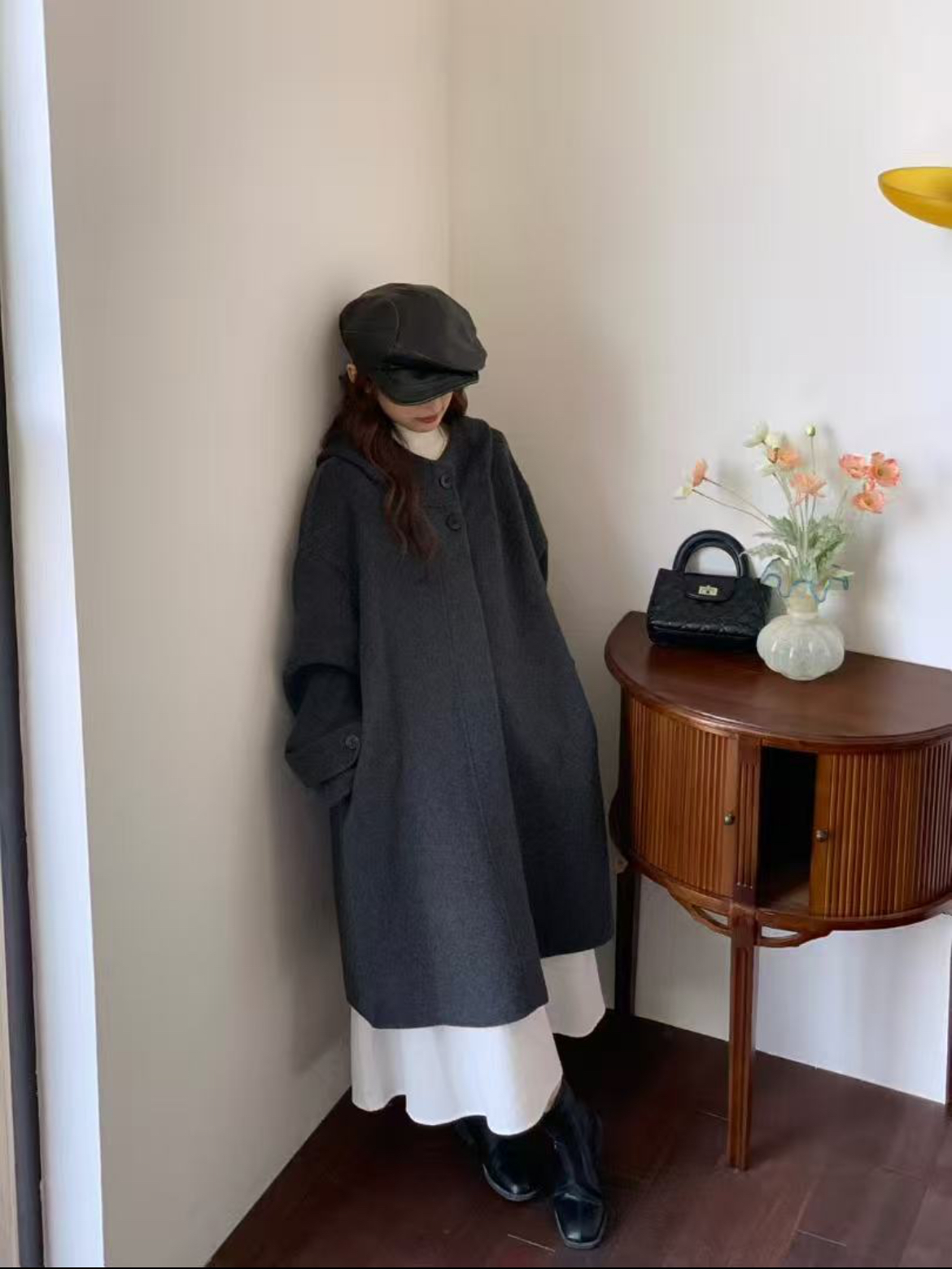 灰灰呀！魔法斗篷 韩代复古设计感连帽高级廓形双面羊毛大衣外套