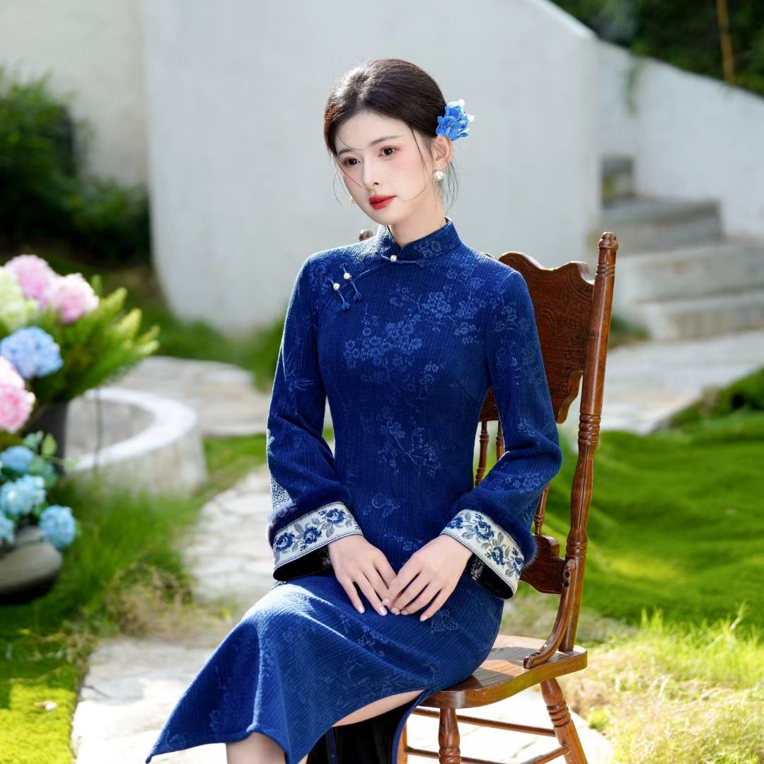 (8061)碎花气质常规款加绒旗袍日常ins新中式金丝长袖长款