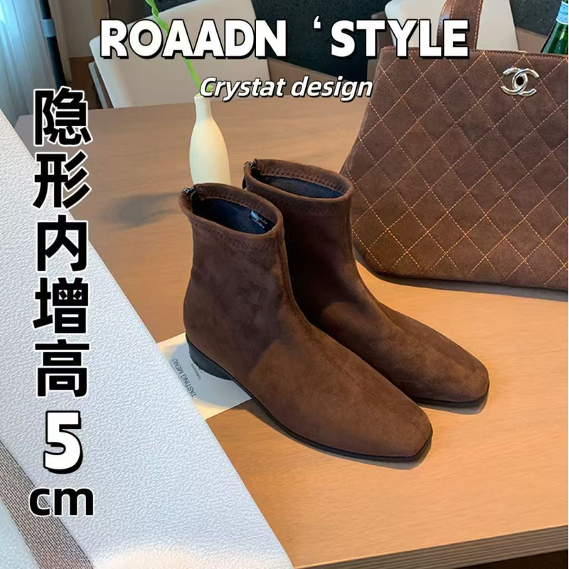 小个子内增高法式方头复古绒面粗跟短靴马丁靴百搭瘦瘦靴女