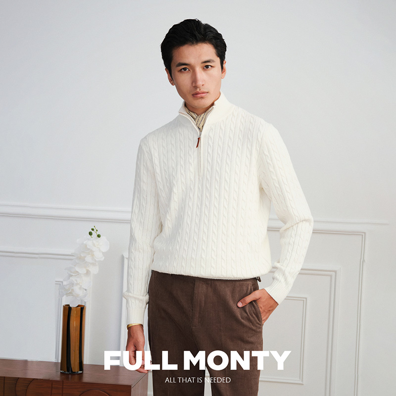 【拉链半门襟针织衫】新款男士藏青色休闲绞花套头毛衣2025秋冬