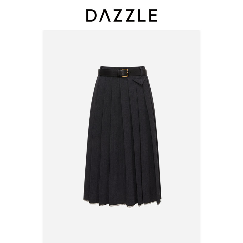 DAZZLE 地素裙冬季深灰色绵羊毛混纺精纺百褶半裙2I4S304