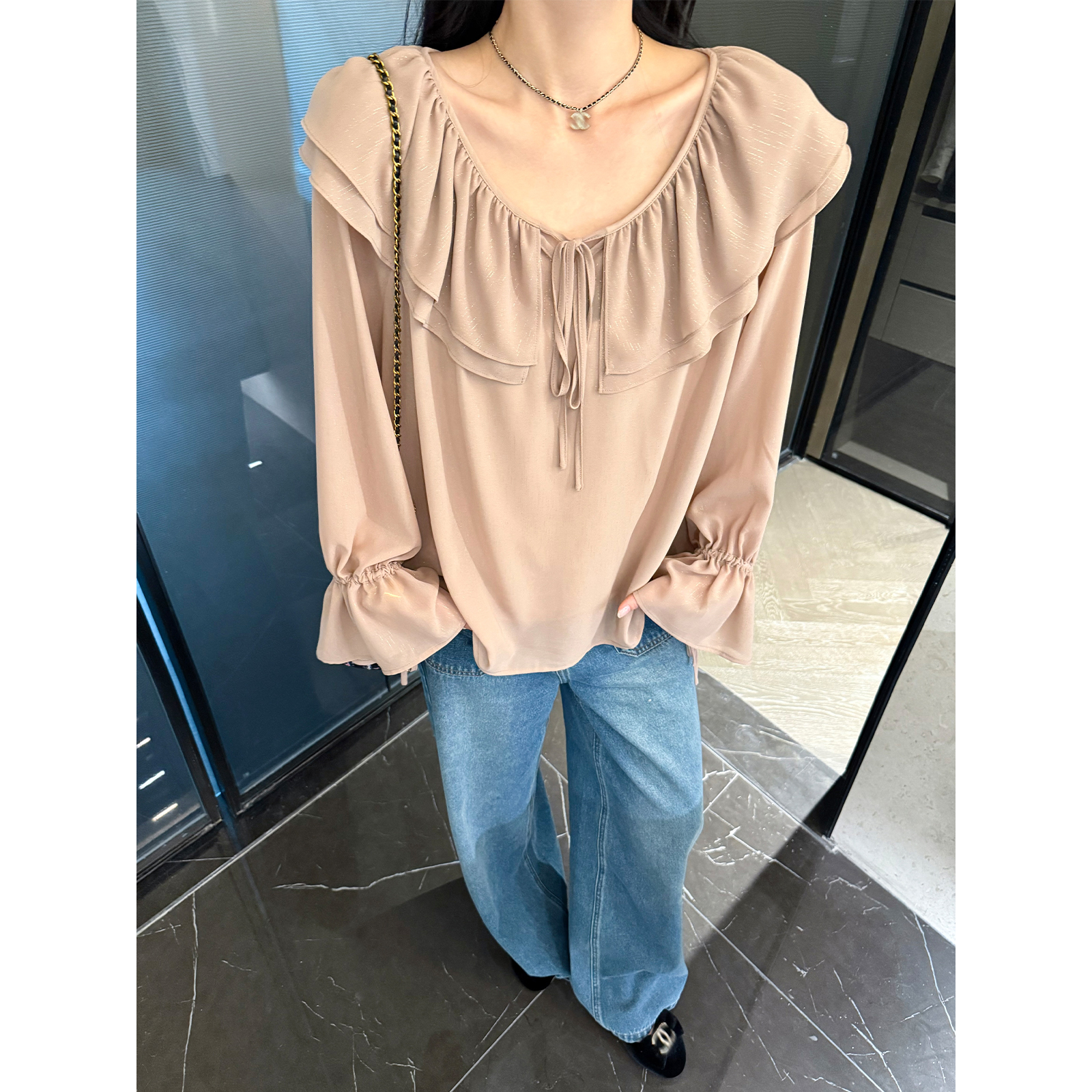 周淼ZHOUMIAO【鎏金山茶】木耳边雪纺衫宽松上衣两件套ZM25V9430Y