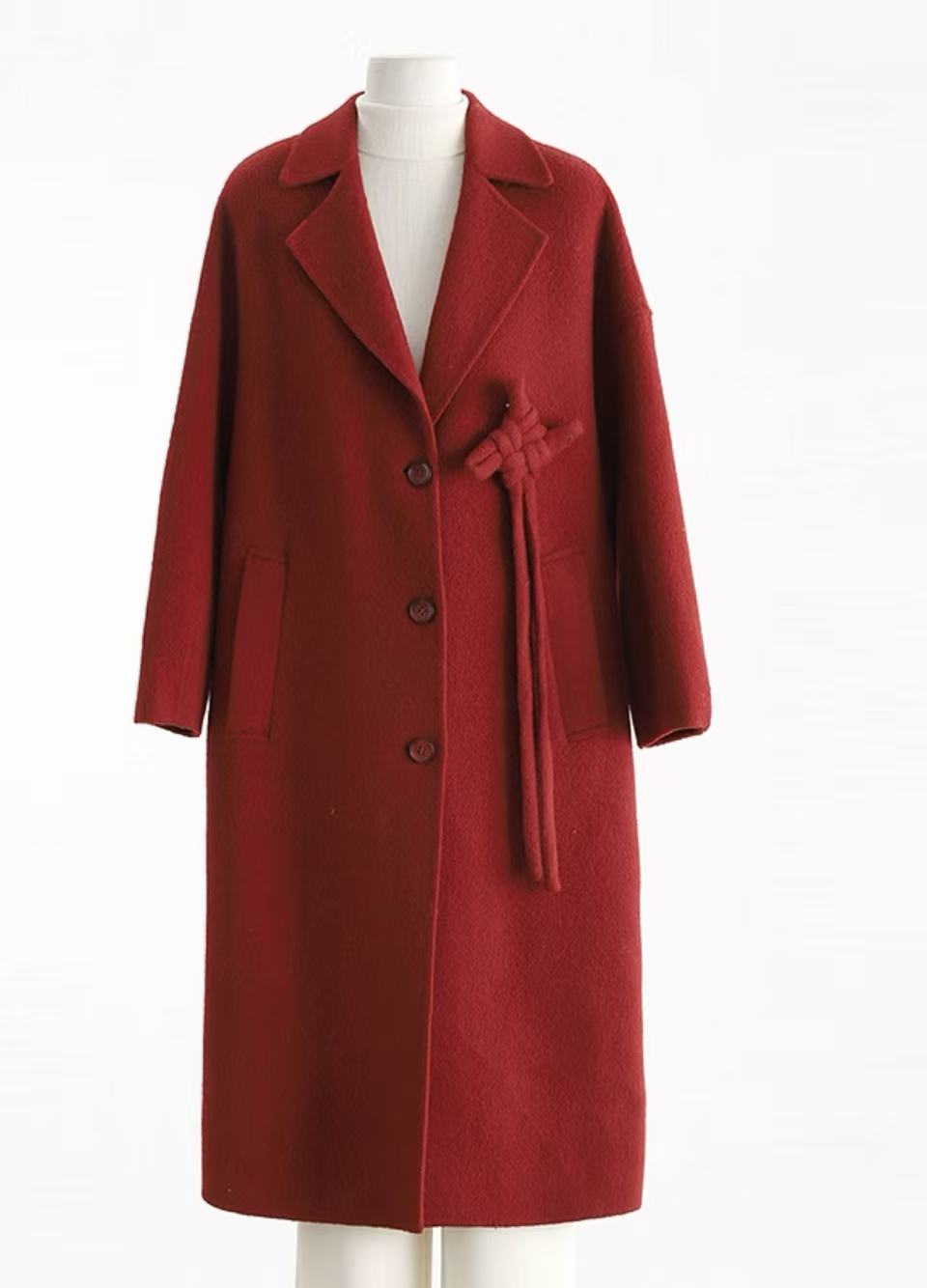 村上[CS]25秋专柜同款大红色中国结双面毛呢长款大衣