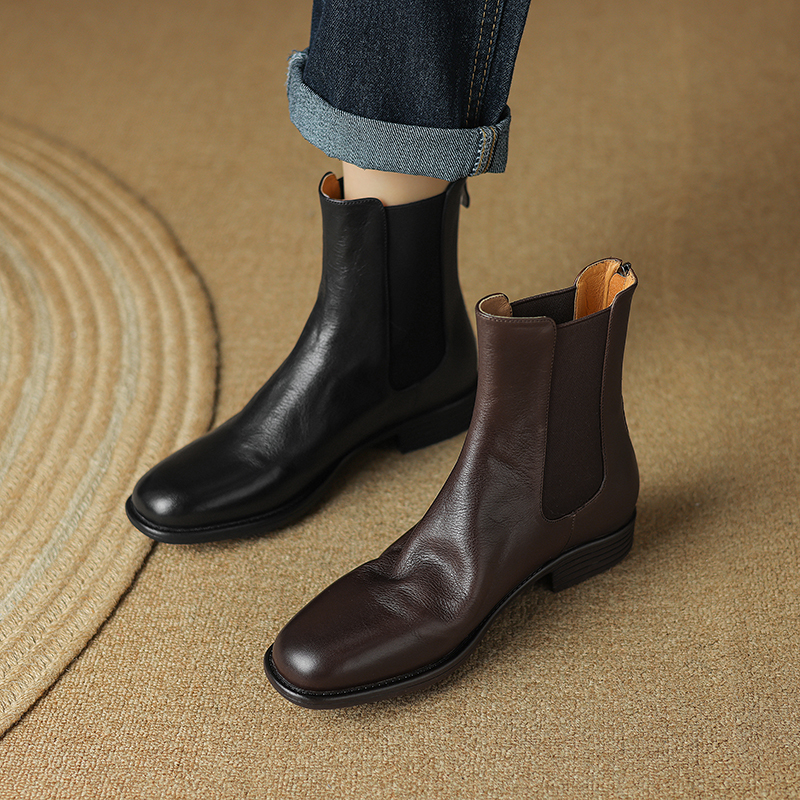 3cm/法式复古切尔西靴女秋冬圆头真皮小短靴平底做旧褶皱马丁靴