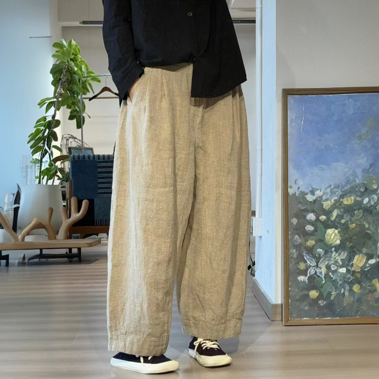 衣牧了然色织雨露麻撞色腰休闲裤2510325