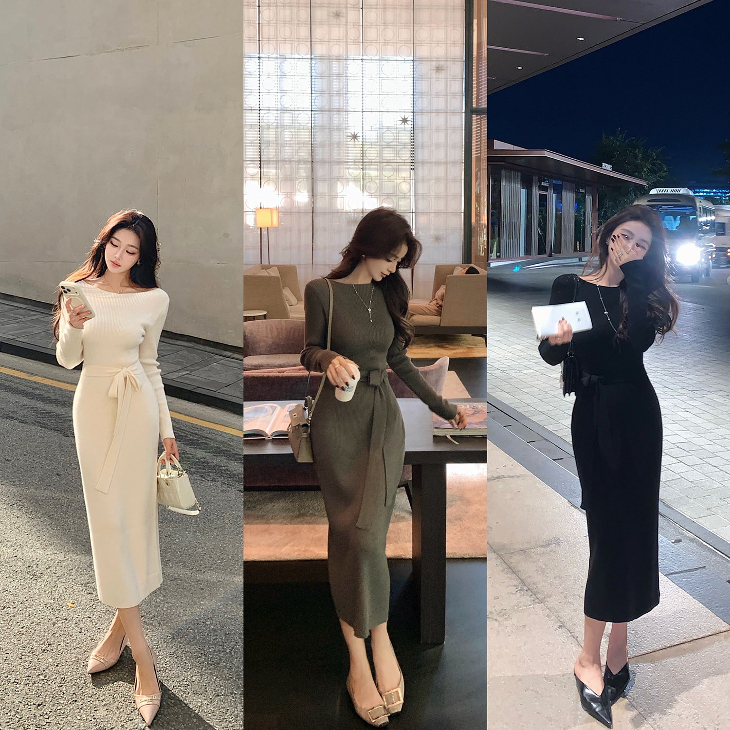 “露思纸片裙"醋酸羊绒羊毛 优雅姐姐风垂软显瘦系带针织连衣裙！