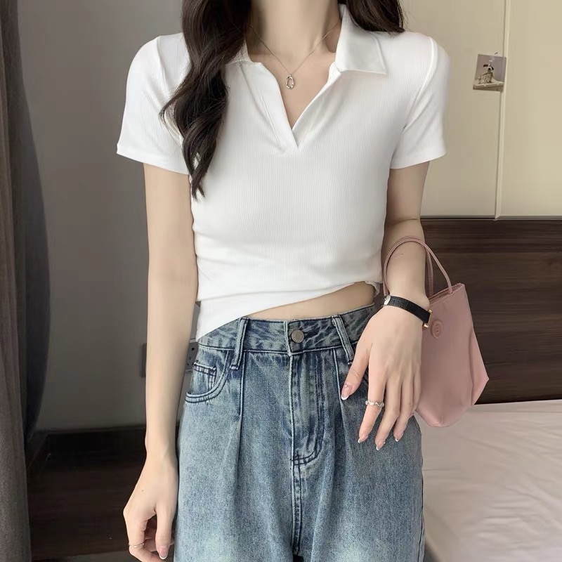 白色翻领短袖t恤女2025夏季新款卡腰修身短款纯棉polo衫正肩上衣