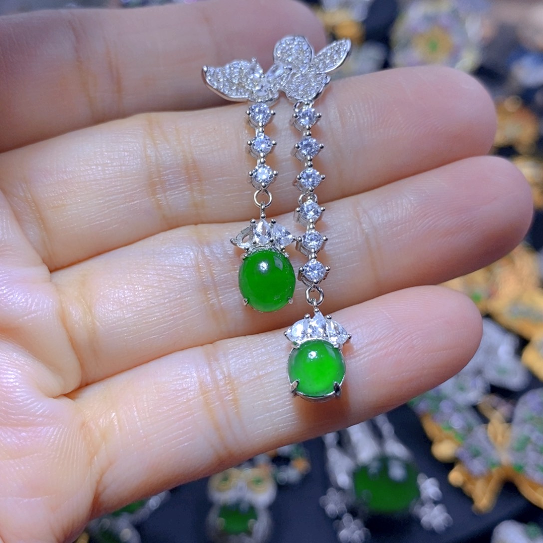翡翠耳钉银S925镶嵌天然翡翠