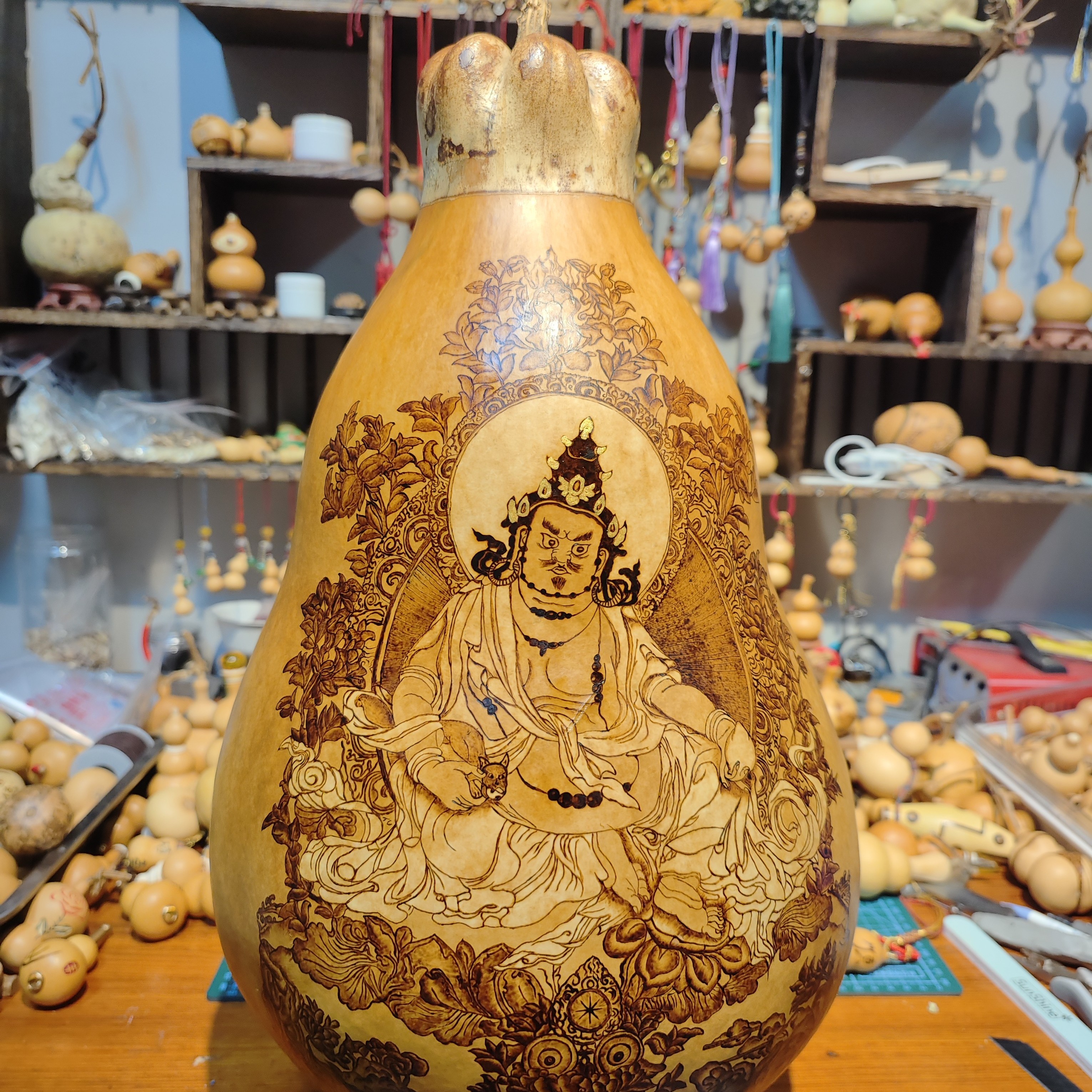莲花头葫芦大胖墩黄财神摆件手工烙画葫芦非遗传承文化文玩葫芦