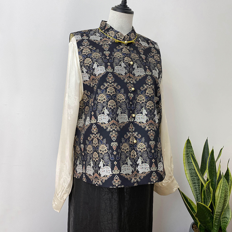 【对鹿】复古改良新中式真丝黑色提花立领一字扣气质时尚宋锦马甲