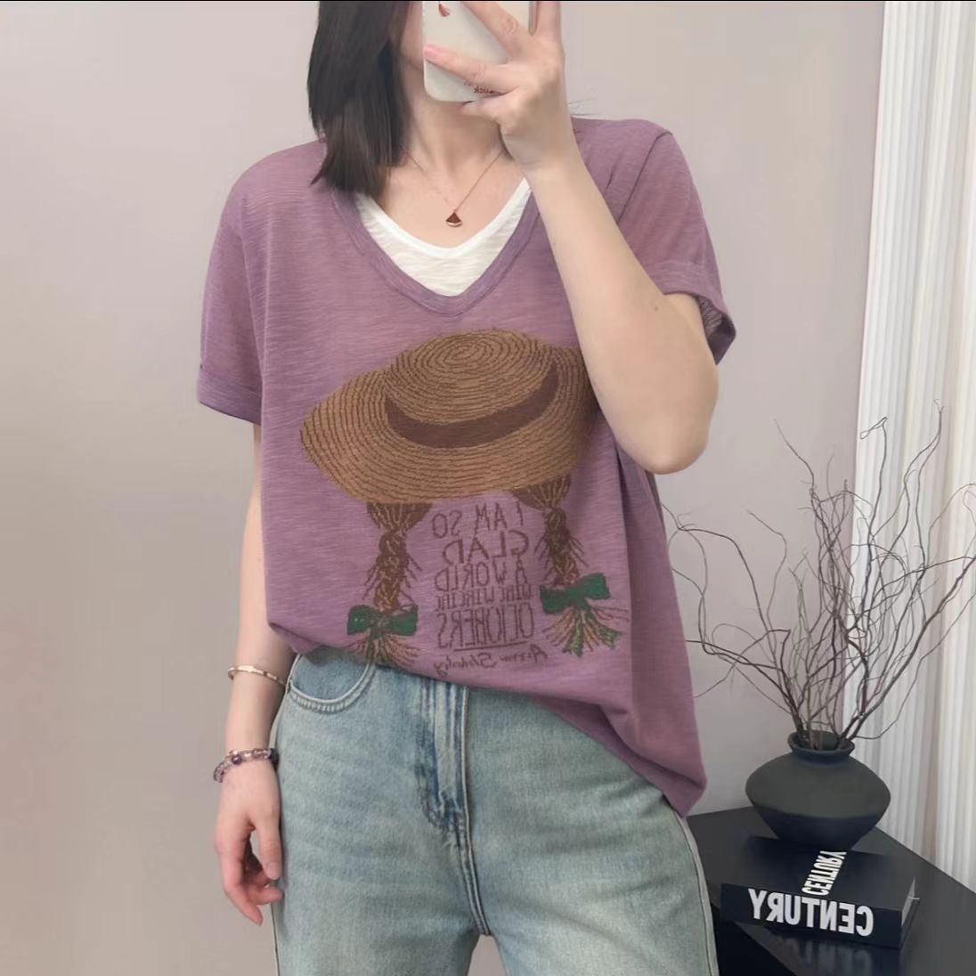 草帽麻花辫字母印花假两件短袖上衣夏季新款宽松韩版飞飞袖T恤女