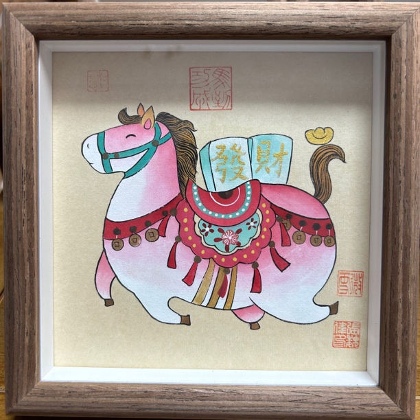 纯手绘画作作品-15*15-唐马-马上发财