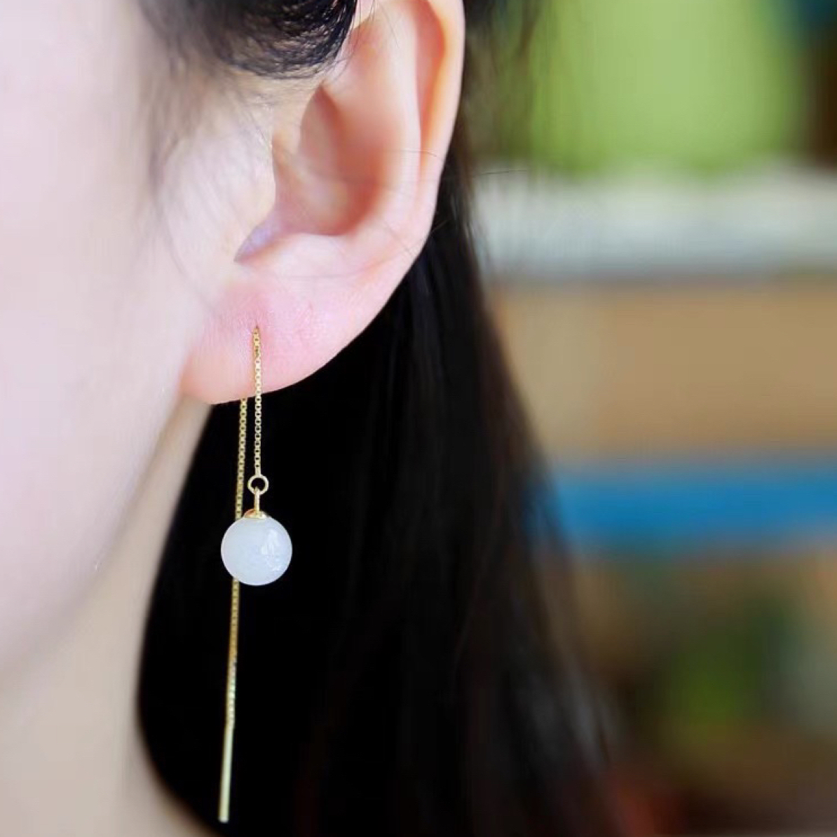 和田玉白玉卡8白玉耳线，s925银镶嵌