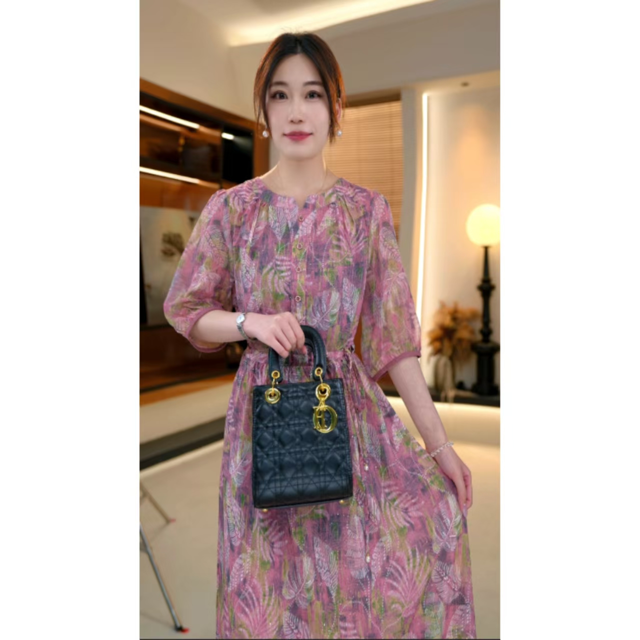 花漾粉调-2025高端连衣裙高贵显瘦新款夏季中年妈妈装中长款-婷婷