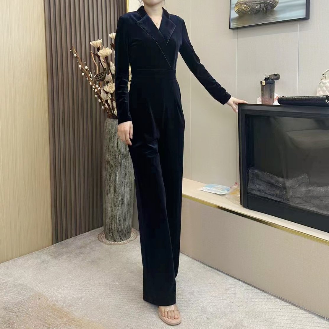春季气质显瘦轻奢时尚休闲百搭款名媛长袖深蓝色连体裤