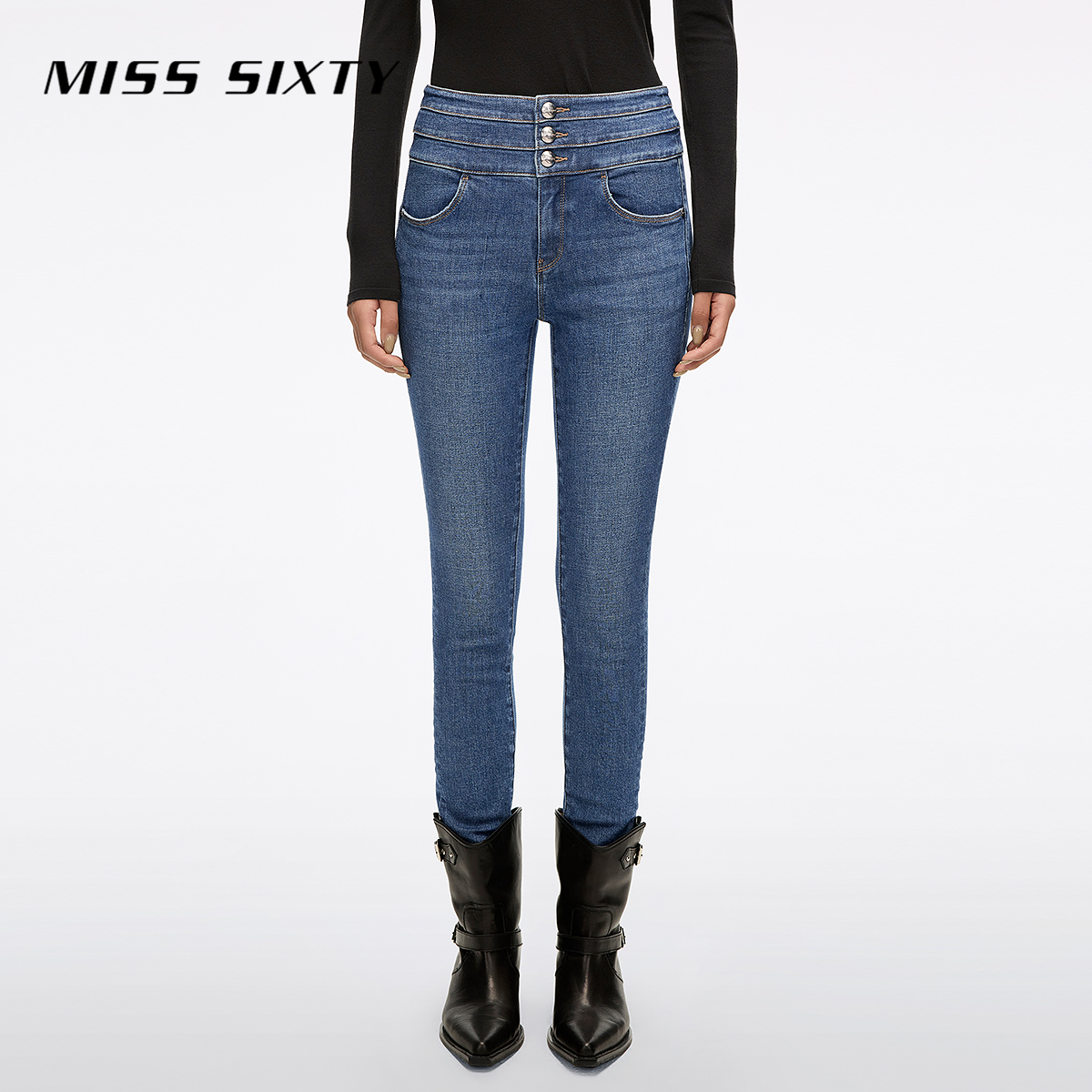 Miss Sixty2025秋季新款牛仔裤女三环高腰紧身显瘦小脚九分铅笔裤