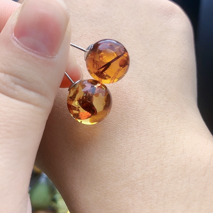 琥珀裸石银S925镶嵌耳坠