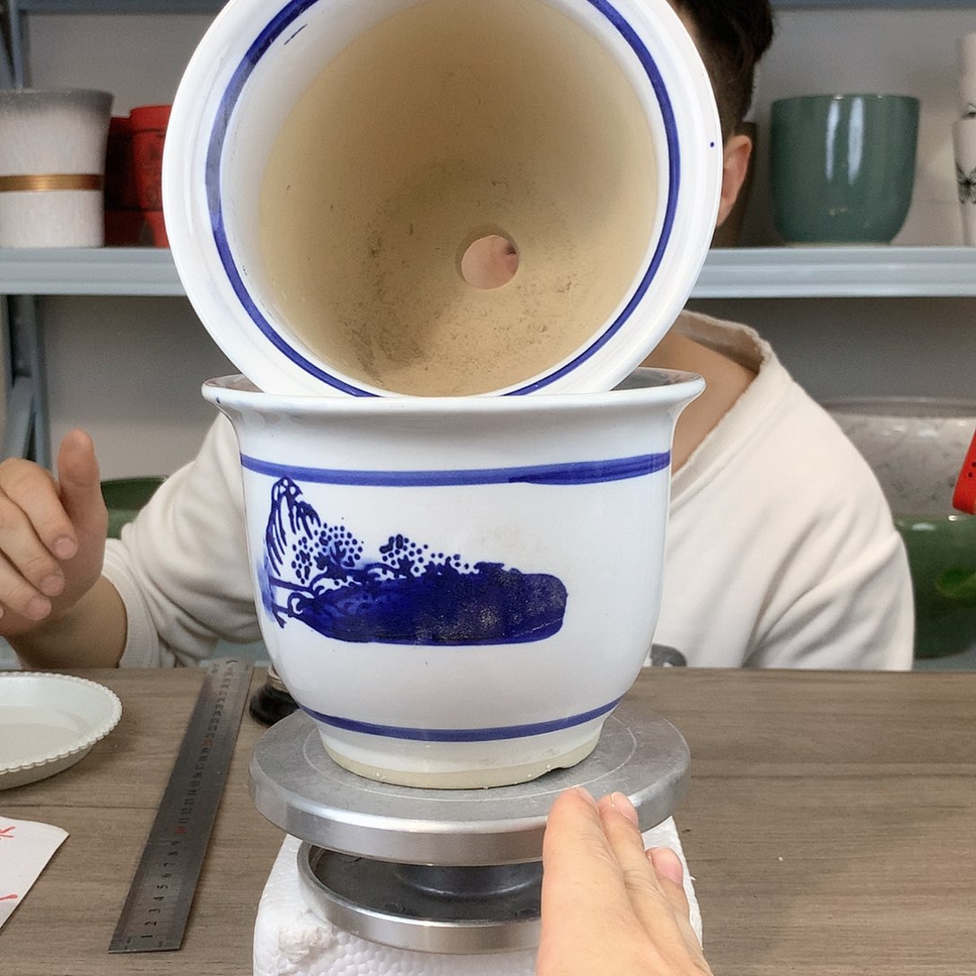 红陶山水画图案花盆14x12两个花盆