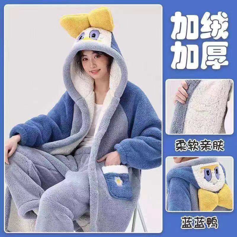 冬季加厚一体绒连帽时尚舒适可外穿男女同款家居服套装