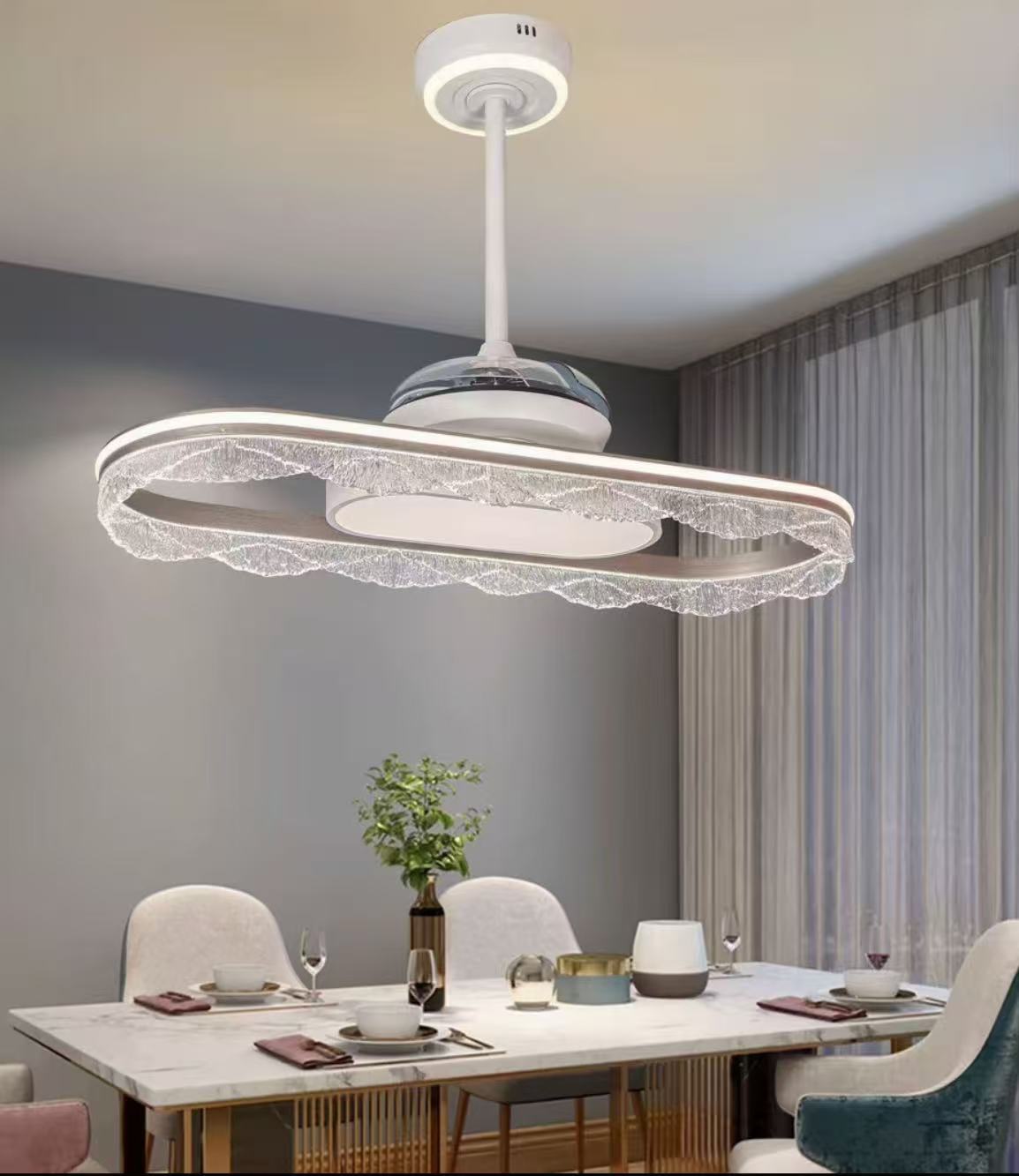 5151轻奢水晶冰川80寸简约隐形大气可调节智能语音风扇客厅风扇灯