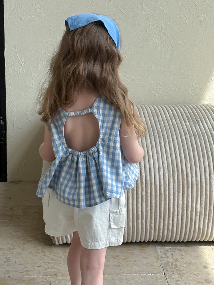 一杯奶茶·露背格子娃娃衫