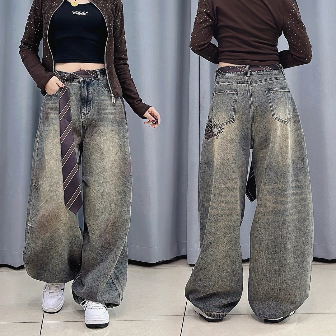刺绣玫瑰街舞复古阔腿牛仔长裤街头设计感潮酷帅长裤8080