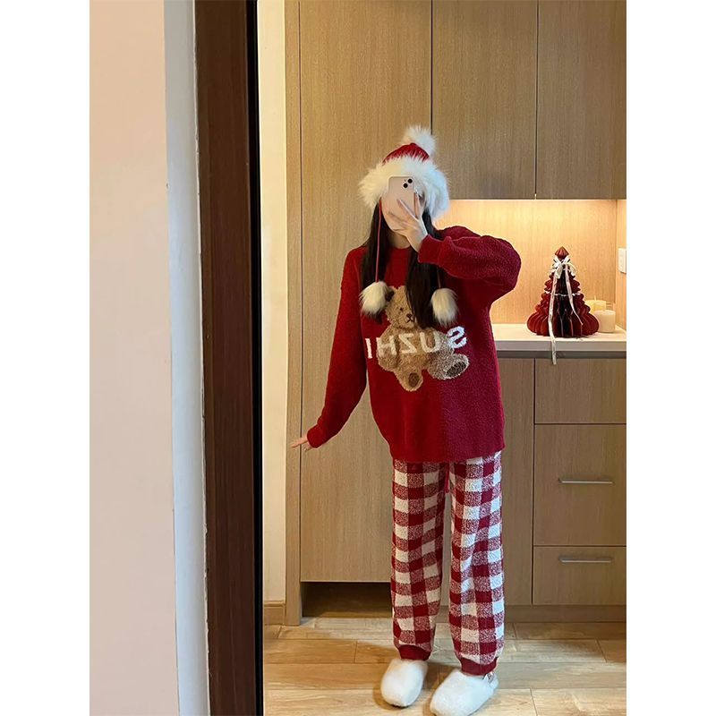 本命年大红色喜庆睡衣女款秋冬季半边绒卡通可爱小熊家居服套装女