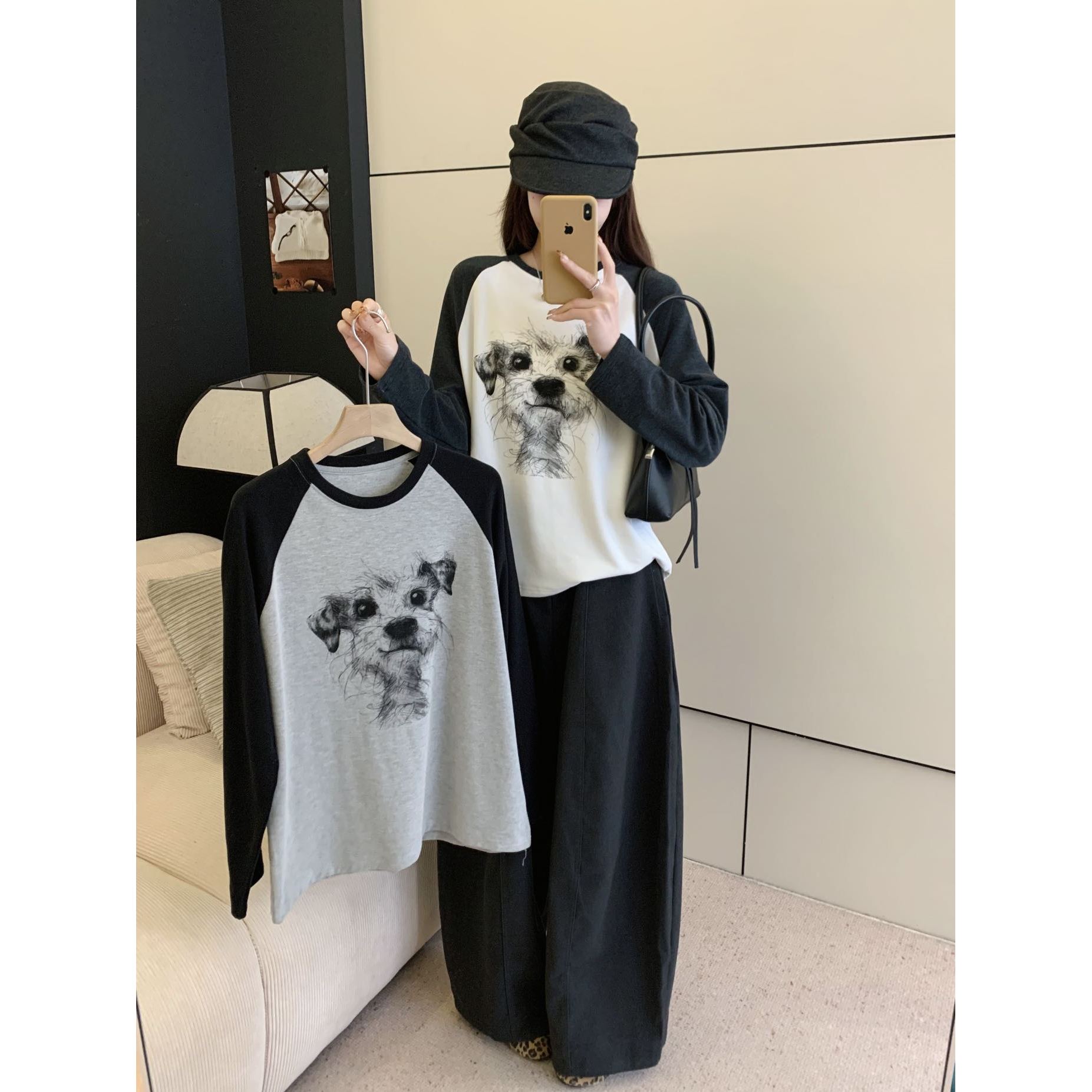 【主播推荐】女士减龄“大眼狗狗”插肩撞色磨毛厚款T恤9178