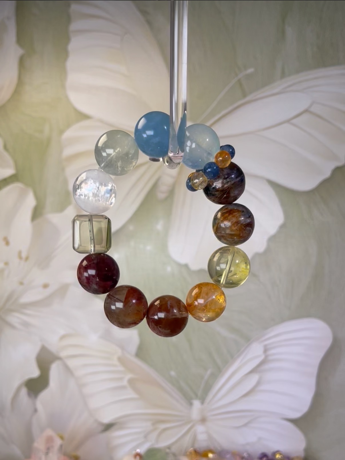 【山海漫金】天然水晶胶花白幽灵海蓝宝设计款