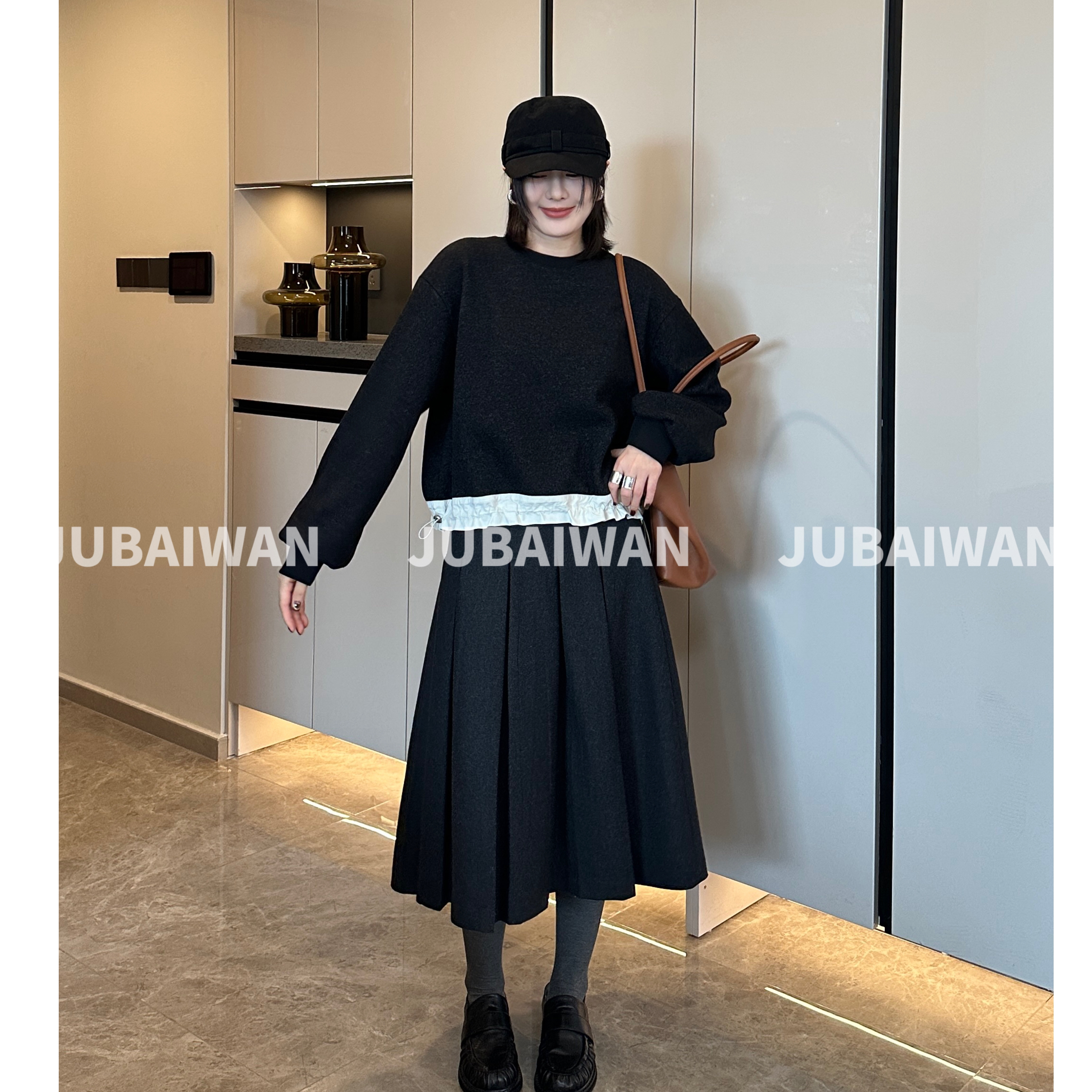 橘老板东大门韩版加绒加厚圆领抽绳韩版比例款卫衣