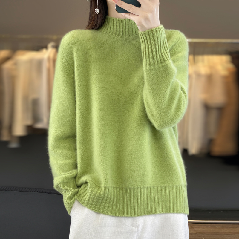 重磅加厚~曾黎同款100%纯羊毛衫女半高领宽松休闲百搭针织打底衫Z
