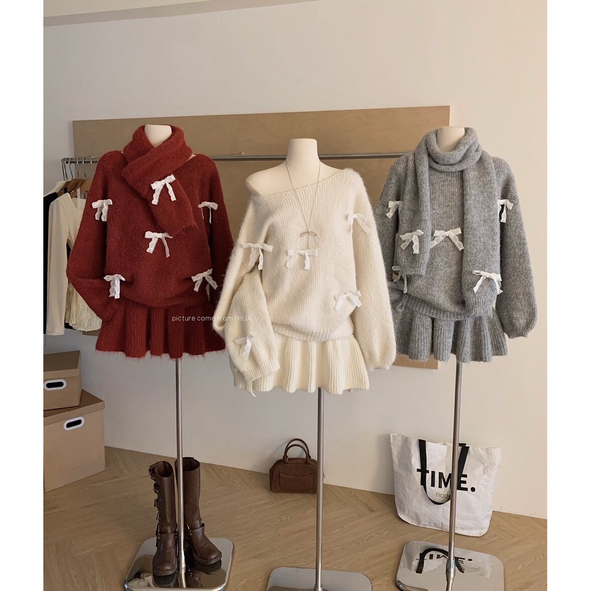 韩系一整套深冬穿搭毛衣套装女新款重工蝴蝶结针织短裙时尚套装