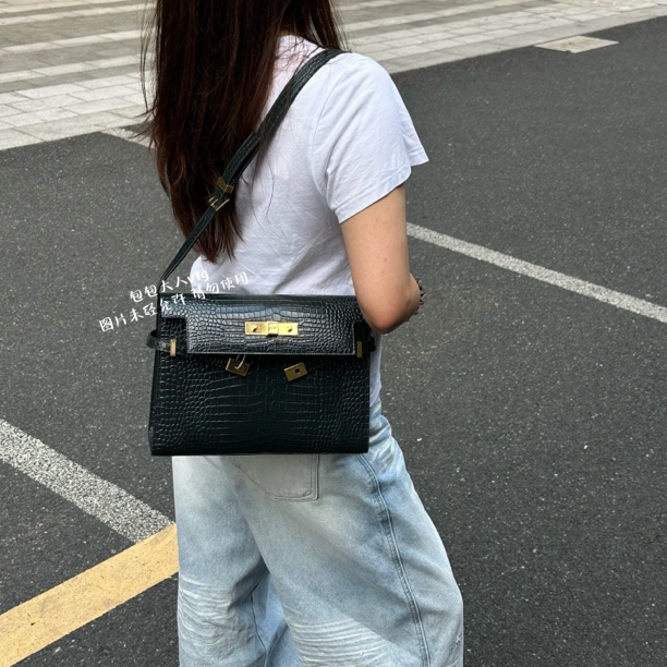 99新 YSL/圣罗兰 墨绿色全皮鳄压中号曼哈顿单肩包