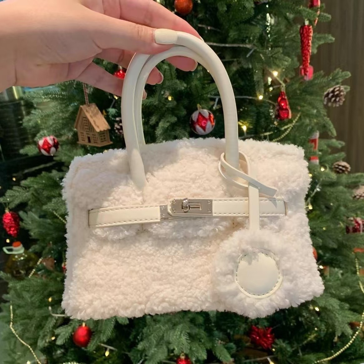 秋冬高级羊羔毛铂金凯莉手提包2025新款时尚毛毛包百搭单肩斜跨包