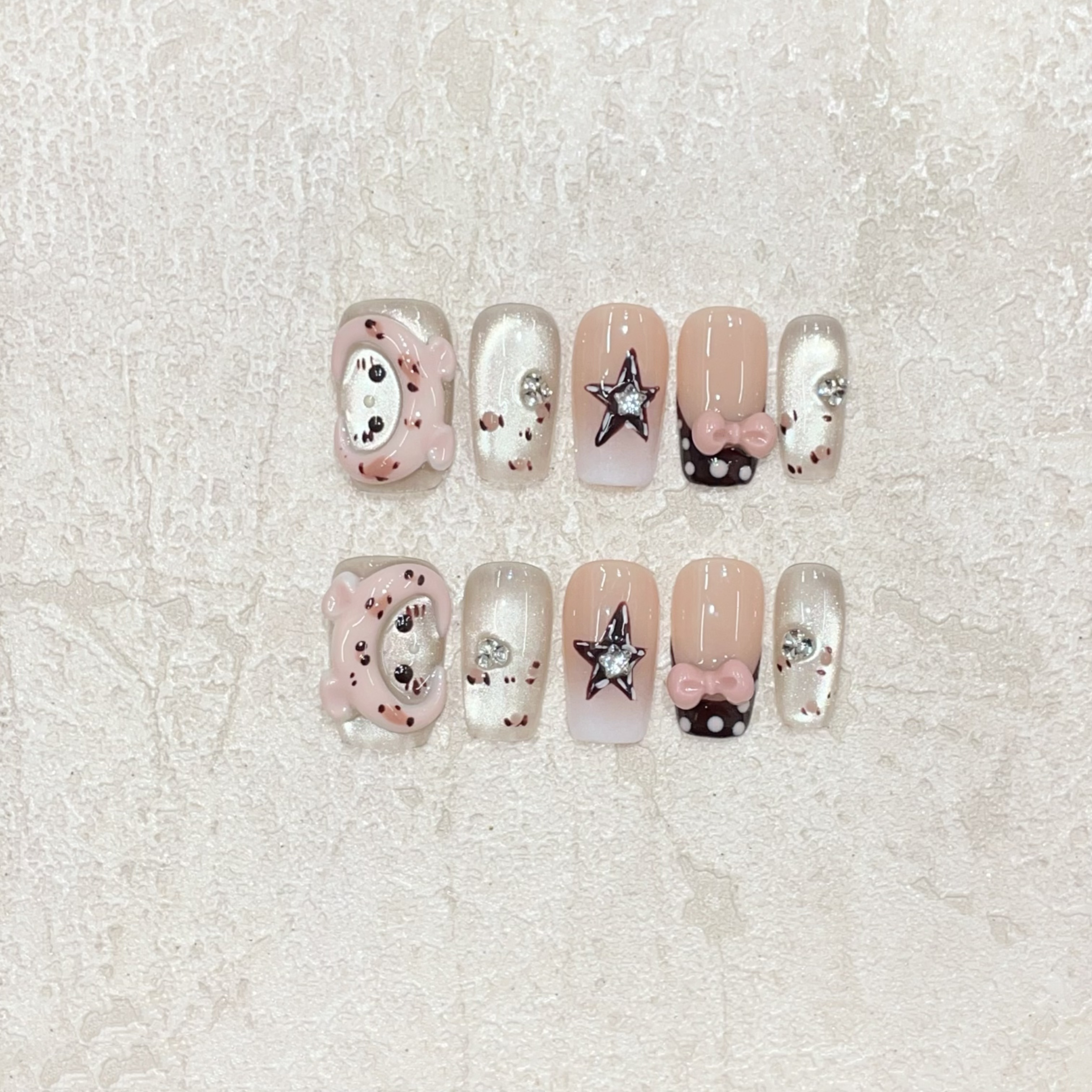 可爱粉色手捏小猫豹纹爆闪猫眼可爱小短甲日常穿戴纯手工穿戴甲