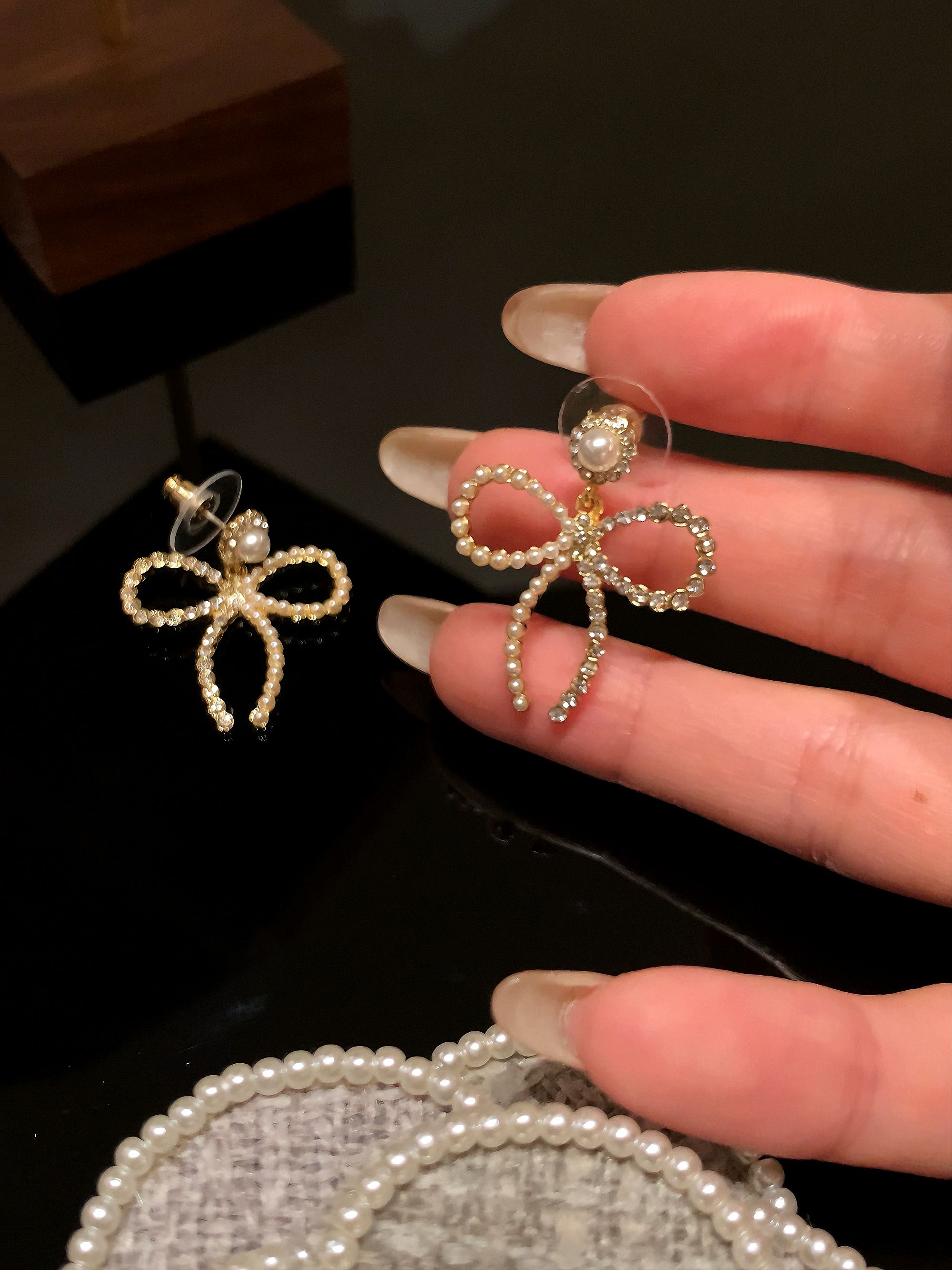 铜合金合成锆石耳饰 拼接蝴蝶结流苏耳钉MZ4100