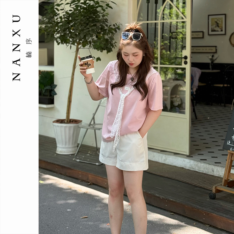 楠序源子微胖女装洋气假两件T恤微胖女生显瘦上衣女夏季YZ36019