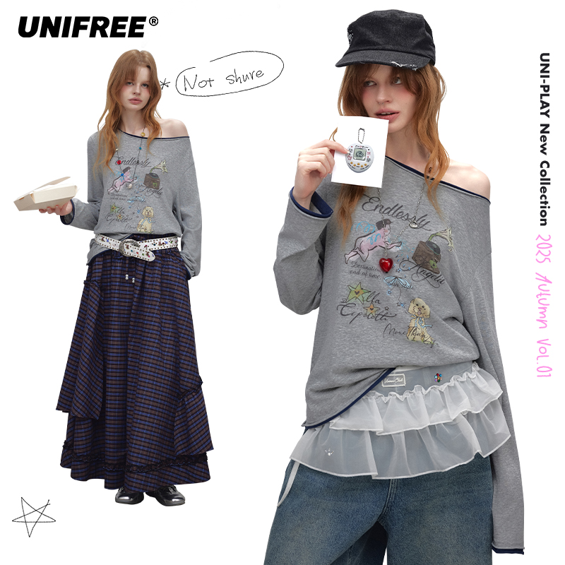 【金拐子专属】UNIFREE灰色长袖T恤女士斜肩上衣U253G935E1P1