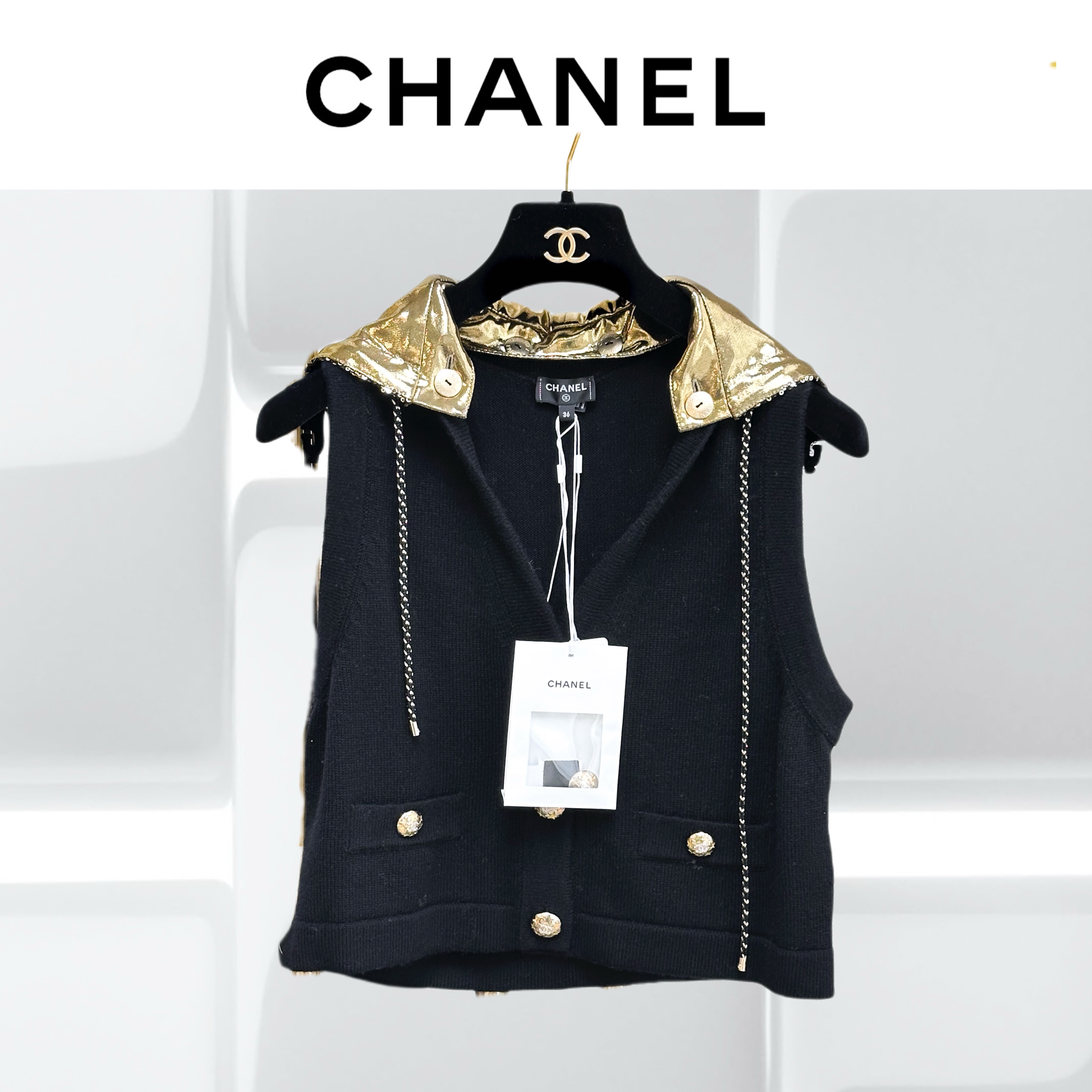 99新 Chanel/香奈儿 36码24C早春金色亮片帽子黑色羊绒马甲