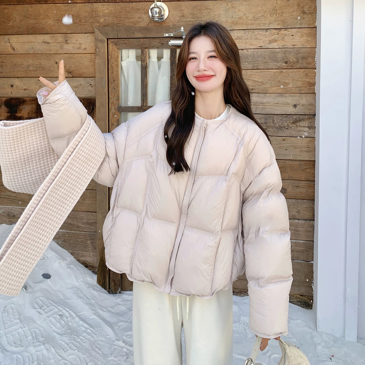 韩系配针织连帽披肩短款棉服女2025秋冬季新款小清新加厚保暖外套