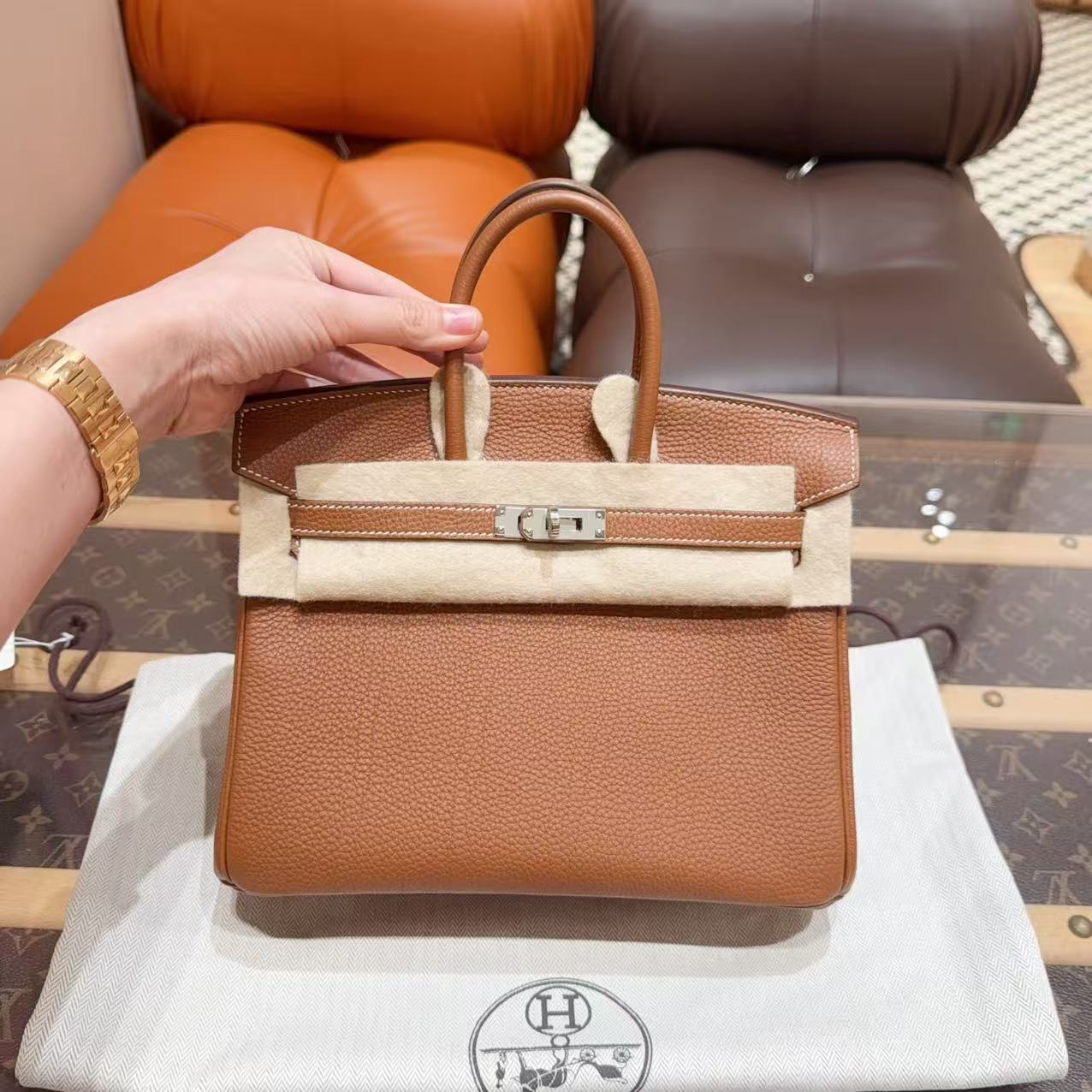 99新 Hermes/爱马仕 Birkin25 金棕银扣 Togo皮 A刻