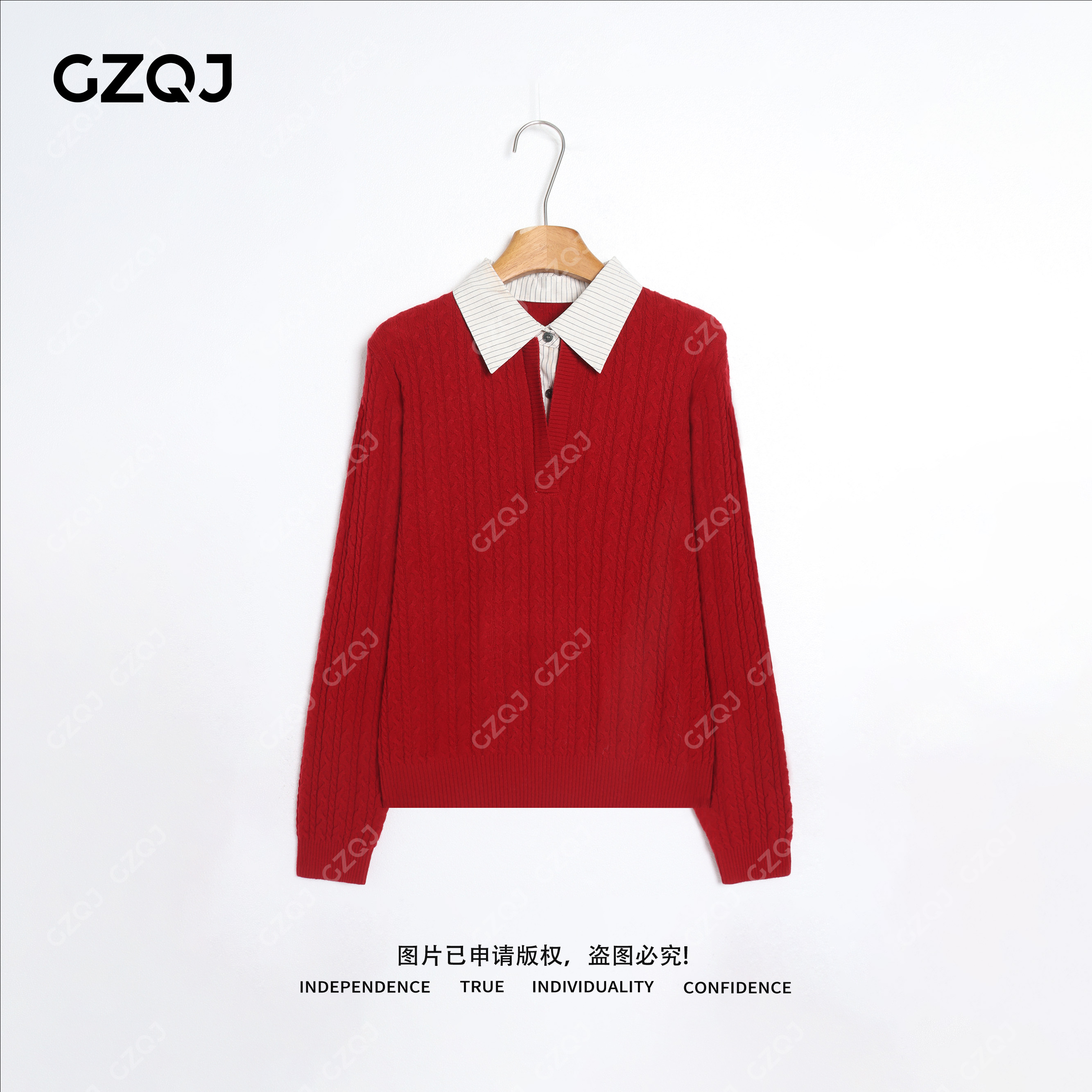 老琴私服【叠穿艺境】100绵羊毛气质撞色拼接假两件针织衫女款 6158