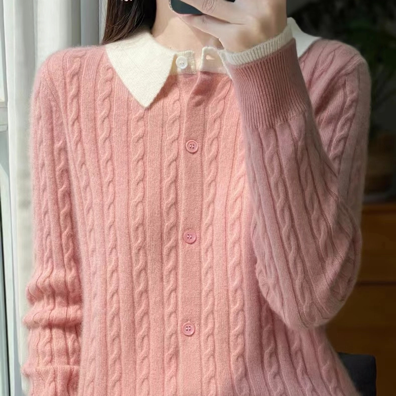 美丽诺纯羊毛绞花拼色假两件POLO领长袖上衣